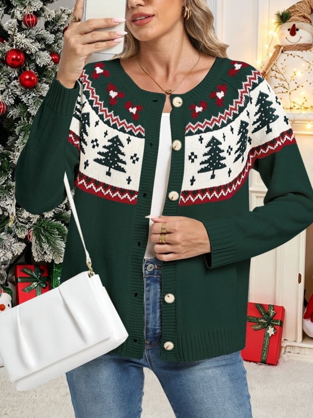 Forest Green Christmas Tree Pattern Cardigan Sweater